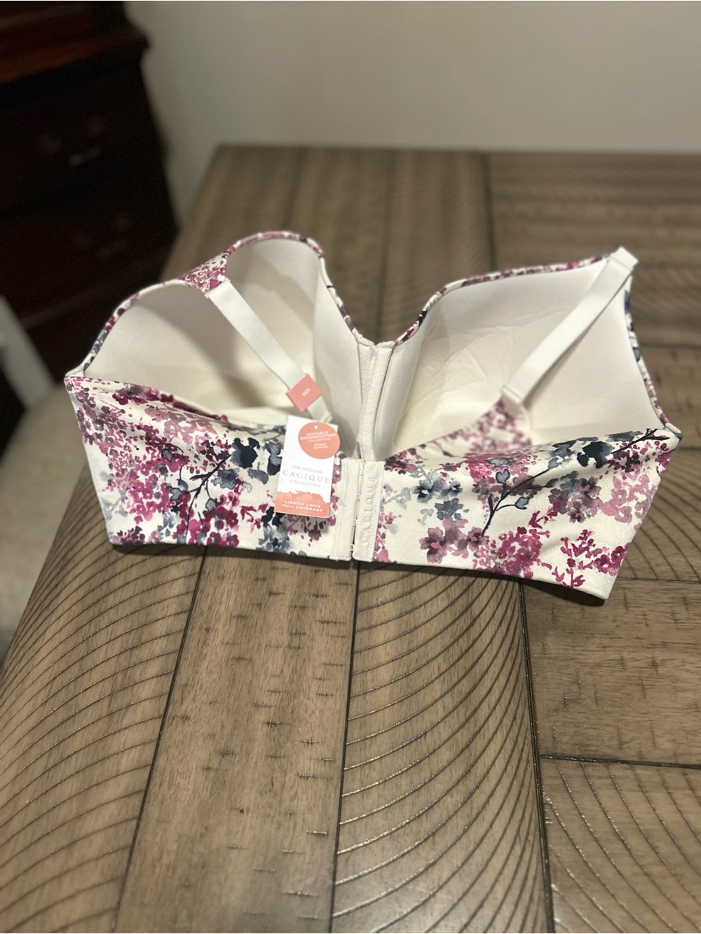Cacique Cream Bra with Pink and Gray Floral Print - Picture 2 of 5